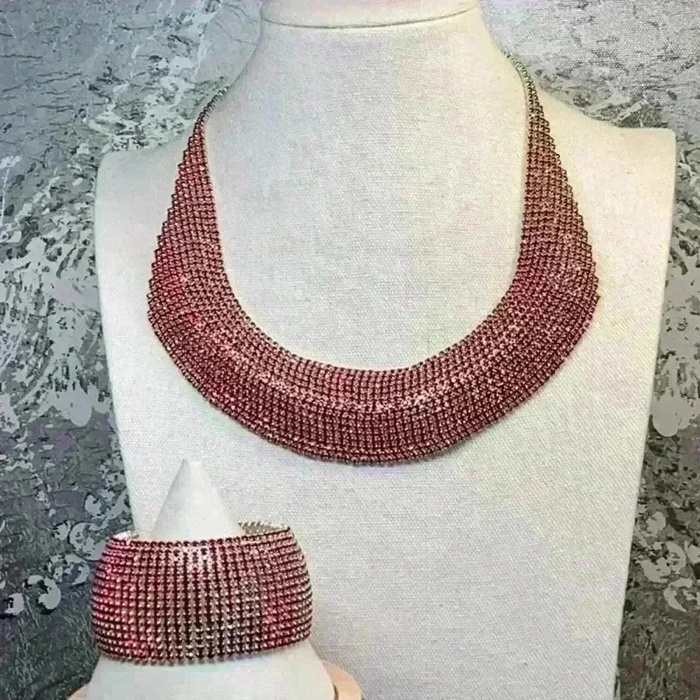 Red Rhinestone Sparkling Statement Necklace with matching Bracelet- Set Vintage